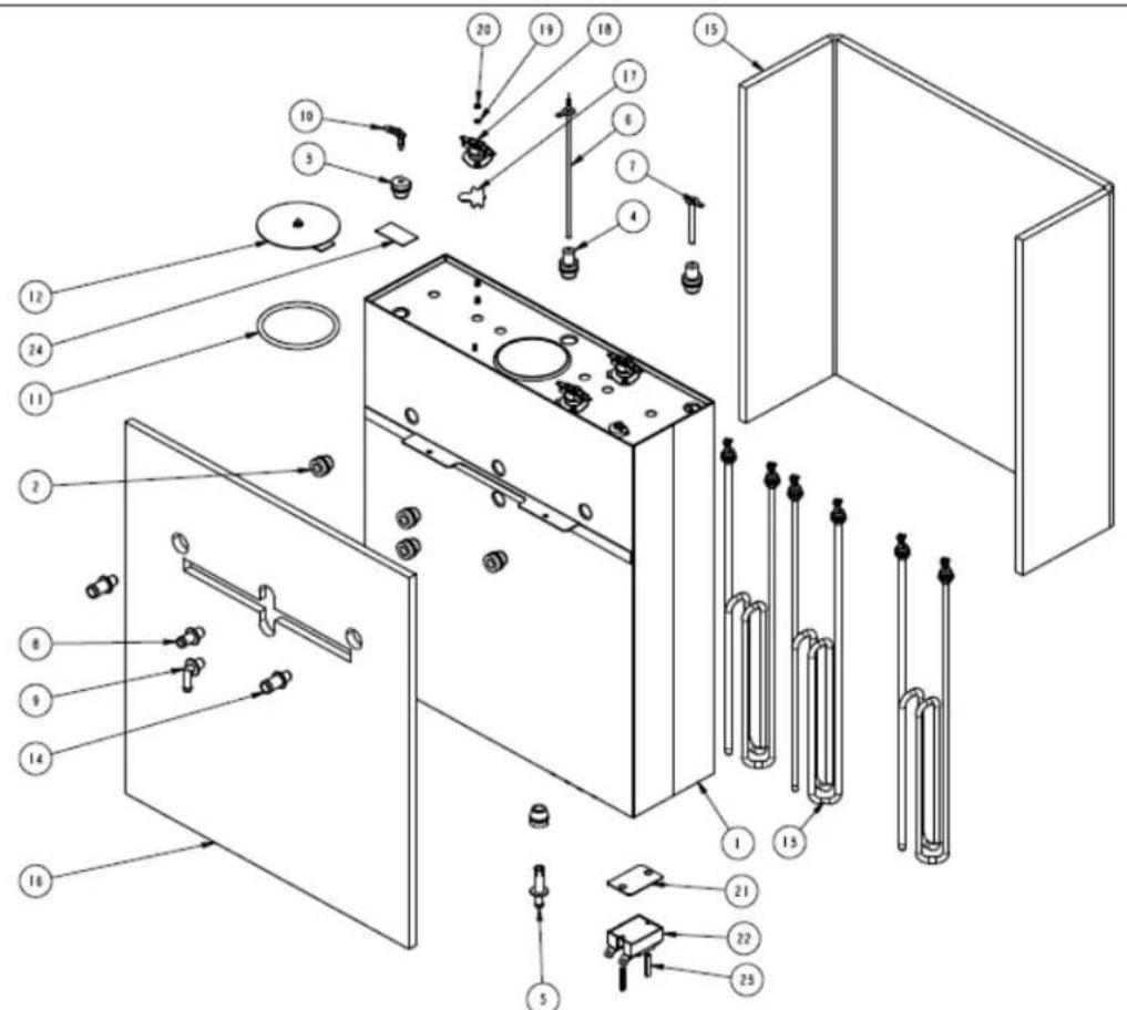 Exploded view diagram of a refrigerator with numbered parts for identification and assembly reference.