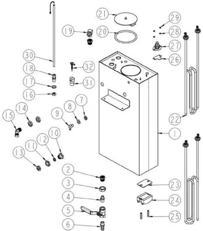Exploded view diagram of a refrigerator with numbered parts for identification and assembly reference.