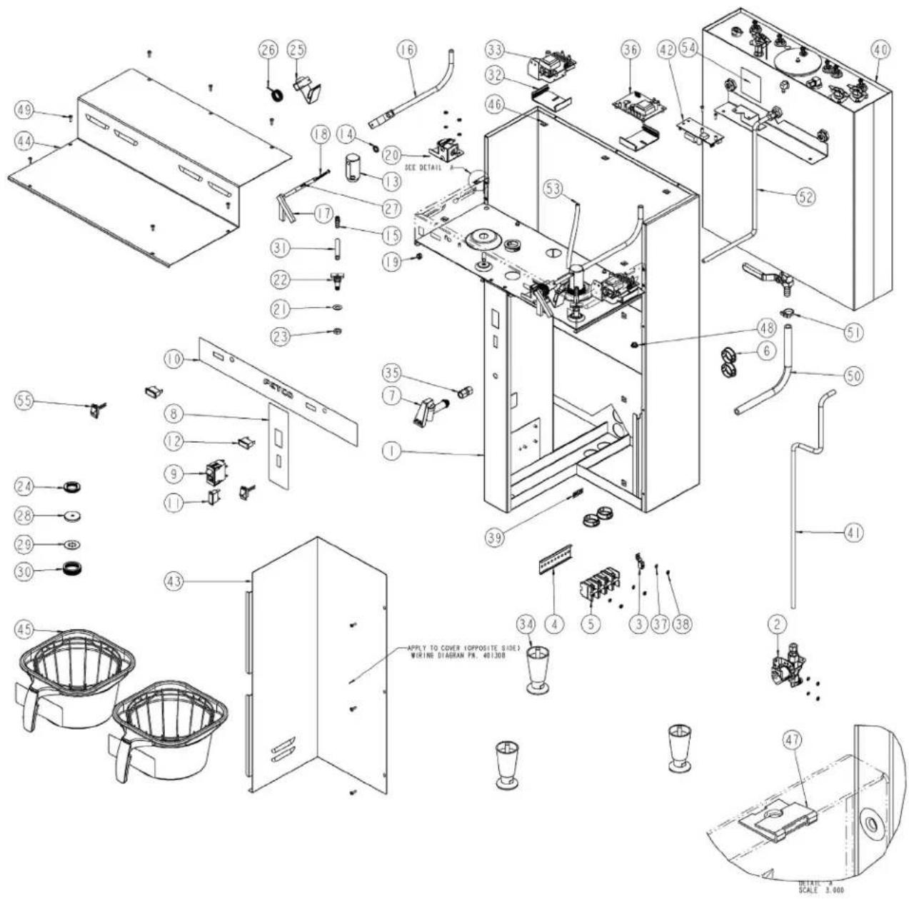 Exploded view diagram of a refrigerator with numbered parts and a schematic diagram below, showing internal components like seats, Lighting, and Refrigerator.
