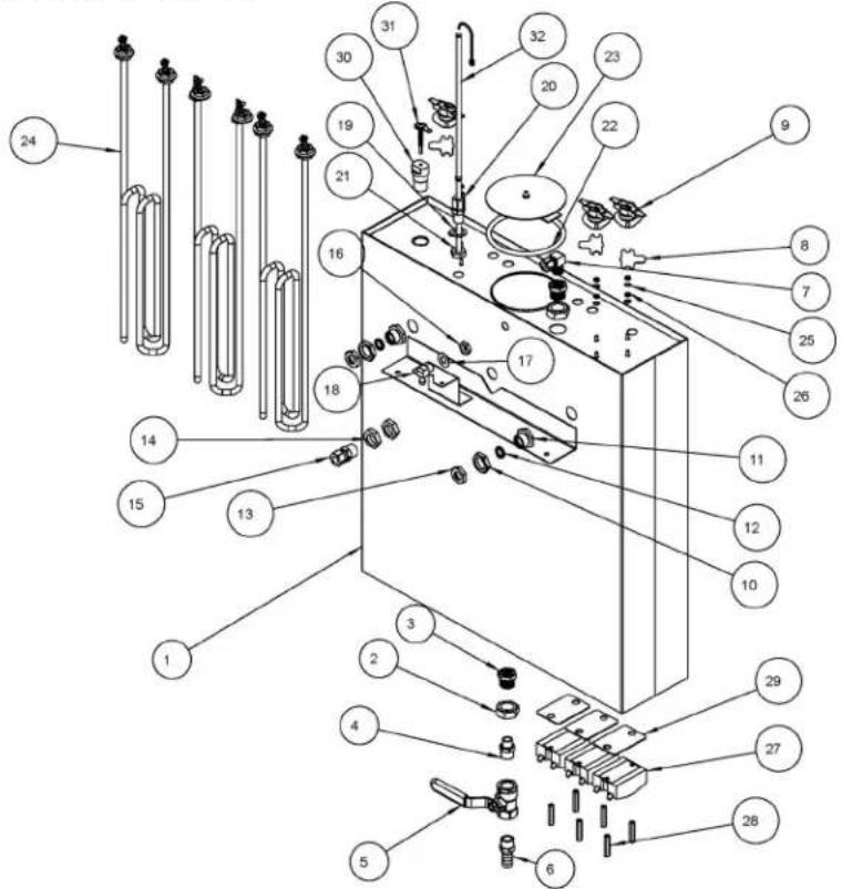 Exploded view diagram of a mechanical device with numbered components for identification