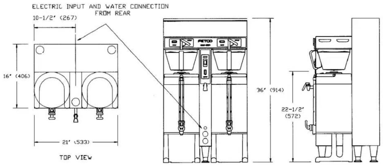 ELECTRIC INPUT AND WATER CONNECTION FROM REAR 10-1/2" (267) 16" (406) 21" (533) TOP VIEW PETCO 36" (914) 22-1/2" (572)