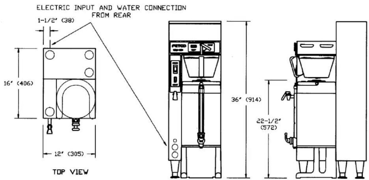 ELECTRIC INPUT AND WATER CONNECTION FROM REAR 1-1/2" (38) 16' (406) 12" (305) TOP VIEW 36" (914) 22-1/2" (572)