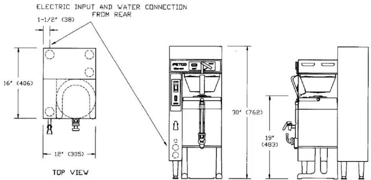 ELECTRIC INPUT AND WATER CONNECTION FROM REAR 1-1/2" (38) 16" (406) 12" (305) TOP VIEW 30" (762) 19" (483)