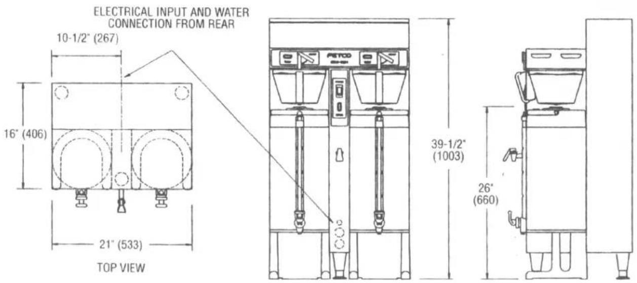 ELECTRICAL INPUT AND WATER CONNECTION FROM REAR 10-1/2" (267) 16" (406) 21" (533) TOP VIEW 39-1/2" (1003) 26" (660)