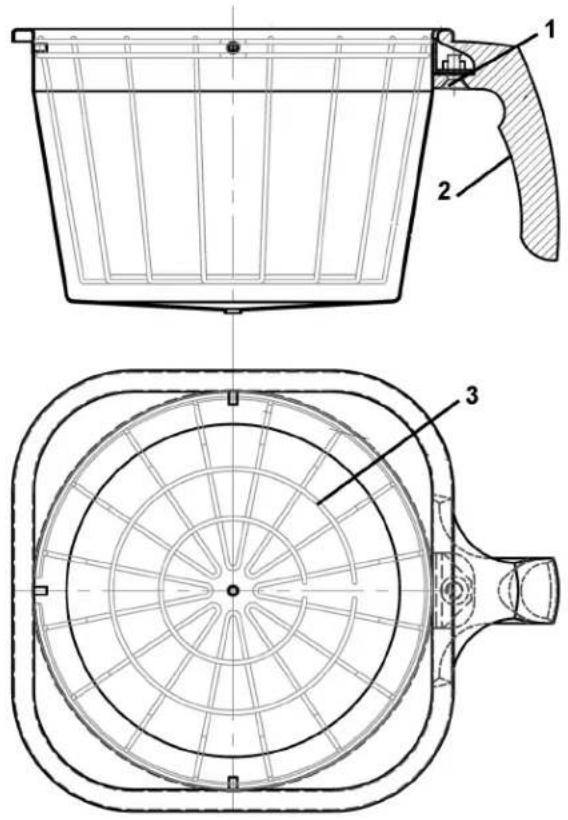 Technical diagram of a mechanical device with labeled components and cross-sectional views