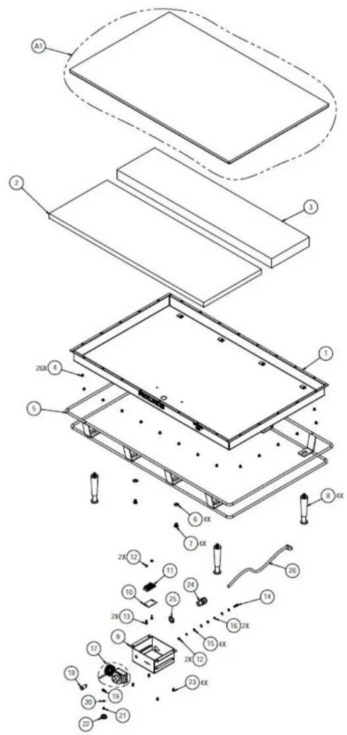 Exploded view diagram of a solar panel assembly with numbered components and labeled parts