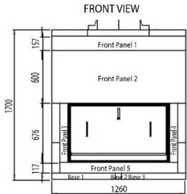 FRONT VIEW 157 600 1700 676 117 Front Panel 1 Front Panel 2 Front Panel 3 Front Panel 4 Front Panel 5 Base 1 Basel 2 Base 3 1260