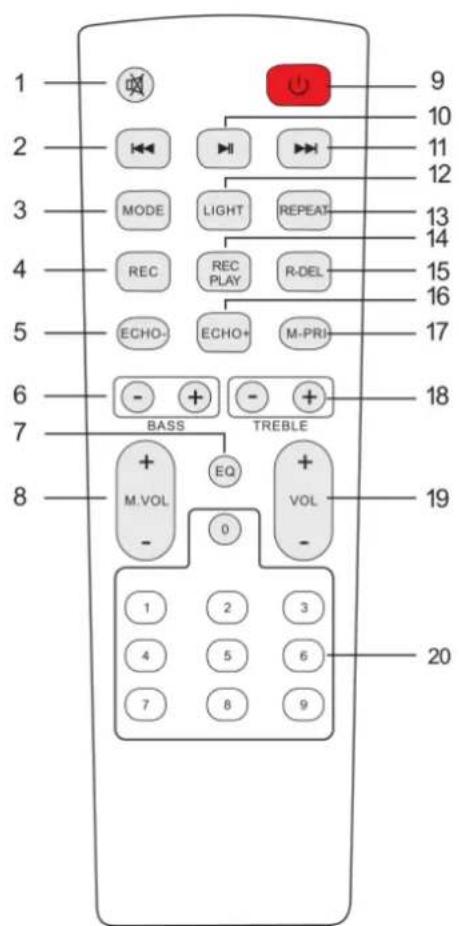1 2 3 4 5 6 7 8 9 10 11 12 13 14 15 16 17 18 19 20 MODE LIGHT REPEAT REC REC PLAY R-DEL ECHO- ECHO+ M-PRI BASS TREBLE EQ M.VOL - 0 1 2 3 4 5 6 7 8 9