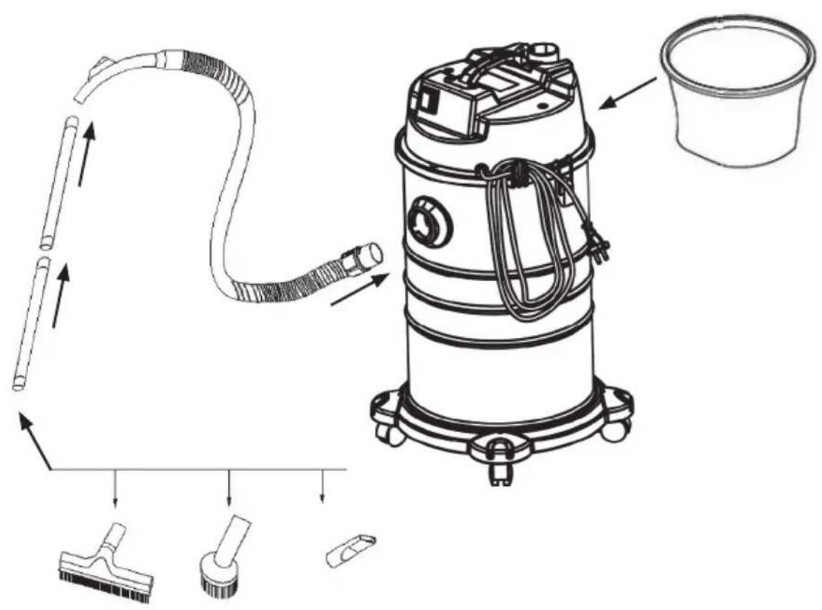 Technical diagram of a vacuum cleaner with labeled components and directional arrows indicating assembly or installation steps.