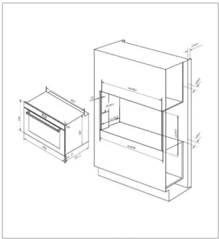Technical drawing of a refrigerator with dimensional annotations in millimeters