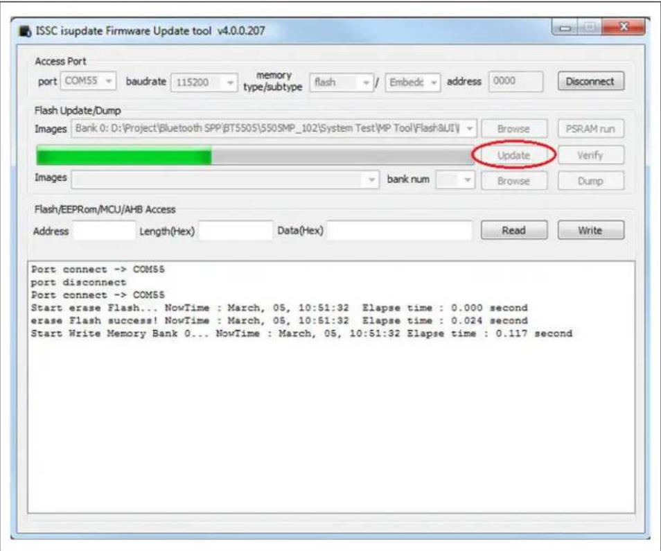 ISSC isupdate Firmware Update tool v4.0.0.207 Access Port port COM55 baudrate 115200 memory type/subtype flash / Embedc address 0000 Disconnect Flash Update/Dump Images Bank 0: D:\Project\Bluetooth SPP\BT5505\550SMP_102\System Test\MP Tool\Flash&UI\ Browse PSRAM run Update Verify Images bank num Bro…