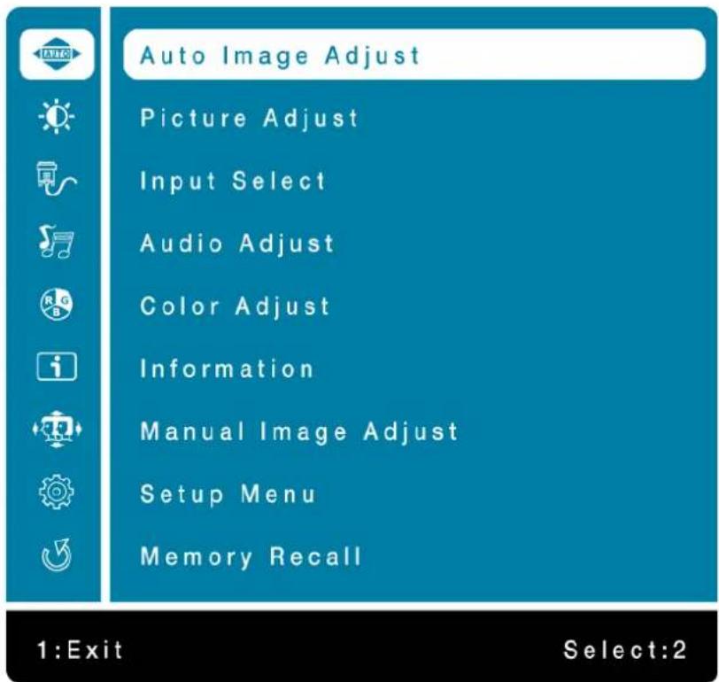 Auto Image Adjust Picture Adjust Input Select Audio Adjust Color Adjust Information Manual Image Adjust Setup Menu Memory Recall 1:Exit Select:2