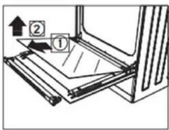 Diagram showing a mechanical assembly with labeled parts ① and ②, indicating directional movement or assembly steps.