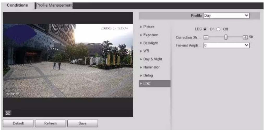 Conditions Profile Management Profile Day ► Picture ► Exposure ► Backlight ► WB ► Day & Night ► Illuminator ► Detog ► LDC LDC On Off Correction Str... 50 Far-end Ampli. 0 Default Refresh Save