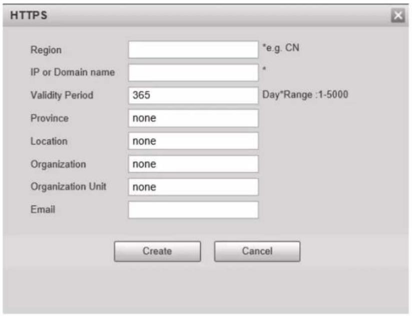 HTTPS Region *e.g. CN IP or Domain name * Validity Period 365 Day*Range :1-5000 Province None Location None Organization None Organization Unit None Email Create Cancel