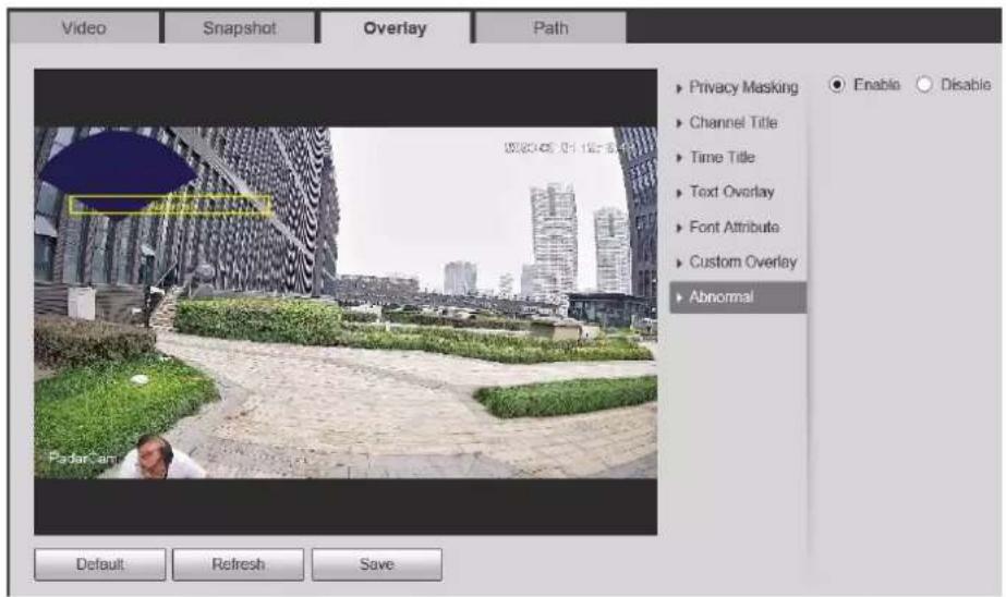 Video Snapshot Overlay Path Privacy Masking Channel Title Time Title Text Overlay Font Attribute Custom Overlay Abnormal Default Refresh Save 0080145 01-125-8-23 Padar-an