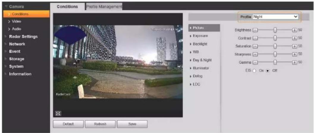 Camera Conditions Video Audio Radar Settings Network Event Storage System Information Conditions Profile Management Profile Night Picture Exposure Backlight WB Dey & Night Illuminator Debug LDC Brightness Contrast Saturation Sharpness Gamma EIS On Off Default Refresh Save