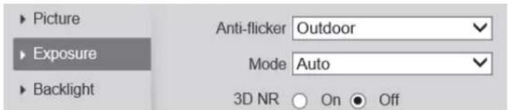 Picture Exposure Backlight Anti-flicker Outdoor Mode Auto 3D NR On Off