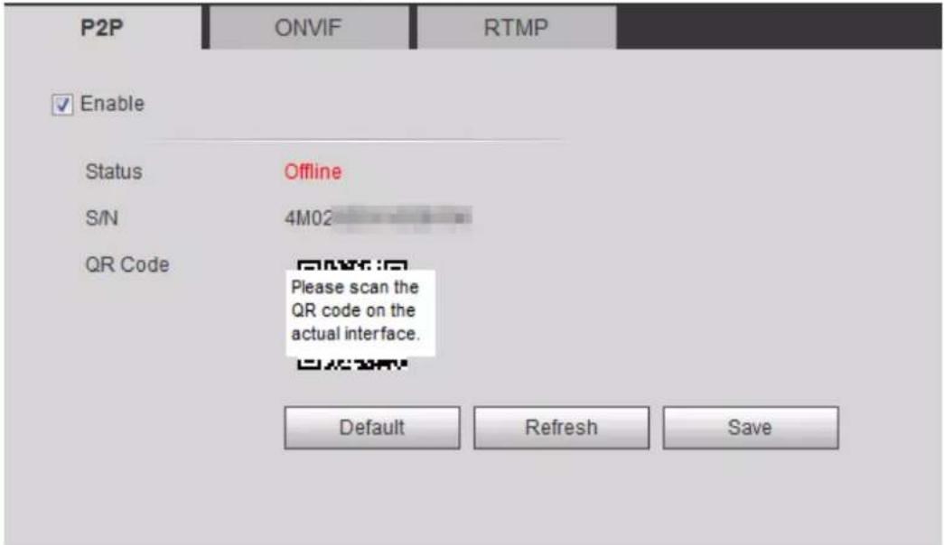 P2P ONVIF RTMP Enable Status Offline S/N 4M02 QR Code Please scan the QR code on the actual interface. OK/OK/OK Default Refresh Save