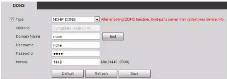 DDNS ✓ Type NO-IP DDNS After enabling DDNS function, third-party server may collect your device info. Address dynupdate.no-ip.com Domain Name None funds Username:none Password **** Interval 1440 Min.(1440-2930) Default Refresh Save