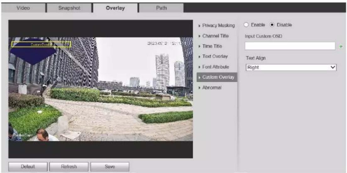 Video Snapshot Overlay Path Custom Overlay Privacy Masking Channel Title Time Title Text Overlay Font Attribute Custom Overlay Abnormal Enable Disable Input Custom OSD Text Align Right Default Refresh Save