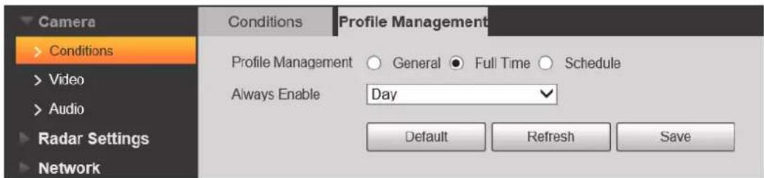 Camera > Conditions > Video > Audio > Radar Settings > Network Conditions Profile Management Profile Management ○ General ● Full Time ○ Schedule Always Enable Day Default Refresh Save