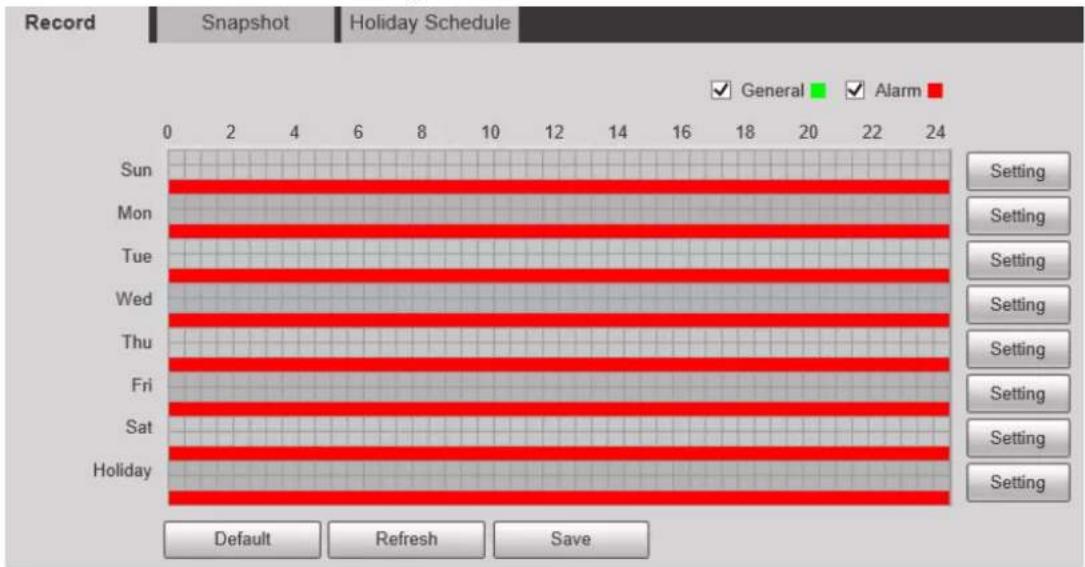 Record Snapshot Holiday Schedule ✓ General ✓ Alarm Sun Mon Tue Wed Thu Fri Sat Holiday 0 2 4 6 8 10 12 14 16 18 20 22 24 Setting Setting Setting Setting Setting Setting Setting Setting Default Refresh Save