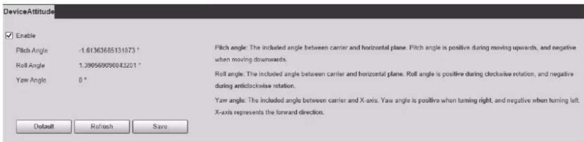 DeviceAttitude Enable Pitch Angle -1.61363685131073 ° Roll Angle 1.390569090843201 ° Yaw Angle 0 ° Pitch angle: The included angle between carrier and horizontal plane. Pitch angle is positive during moving upwards, and negative when moving downwards. Roll angle: The included angle between carrier and horizontal plane. Roll angle is positive during clockwise rotation, and negative during anticlockwise rotation. Yaw angle: The included angle between carrier and X-axis. Yaw angle is positive when turning right, and negative when turning left. X-axis represents the forward direction. Default Refresh Save