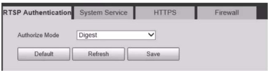 RTSP Authentication System Service HTTPS Firewall Authorize Mode Digest Default Refresh Save