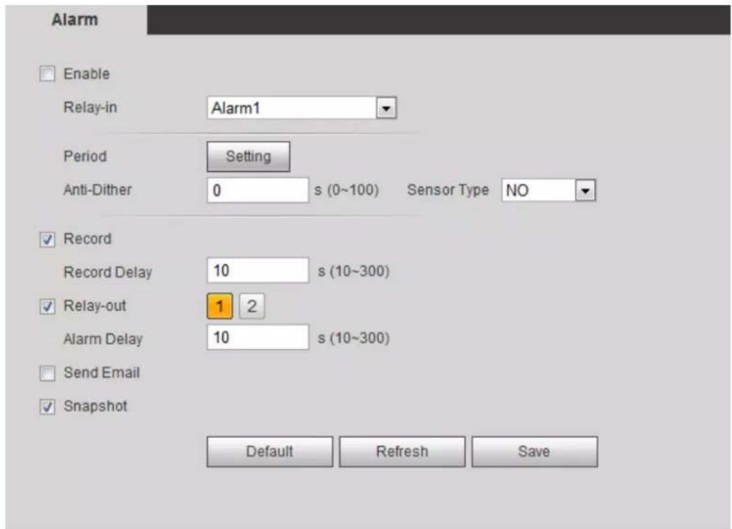 Alarm Enable Relay-in Alarm1 Period Setting Anti-Dither 0 s (0~100) Sensor Type NO Record Record Delay 10 s (10~300) Relay-out 1 2 Alarm Delay 10 s (10~300) Send Email Snapshot Default Refresh Save