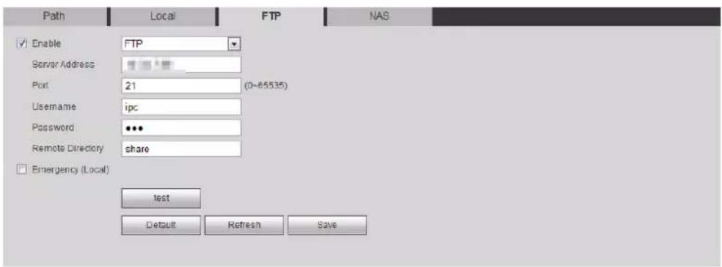 Path Local FTP NAS Enable FTP Server Address Port 21 (0-65535) Username ipc Password *** Remote Directory share Emergency (Local) test Default Refresh Save