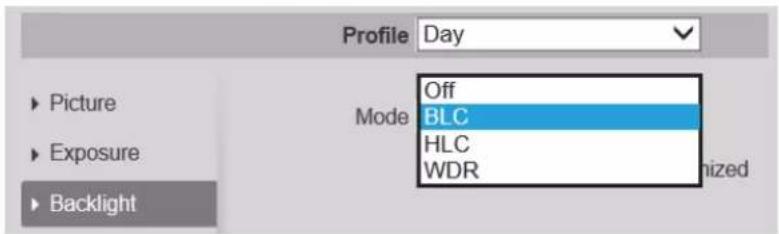 Profile Day ▶ Picture ▶ Exposure ▶ Backlight Mode Off BLC HLC WDR Unlized