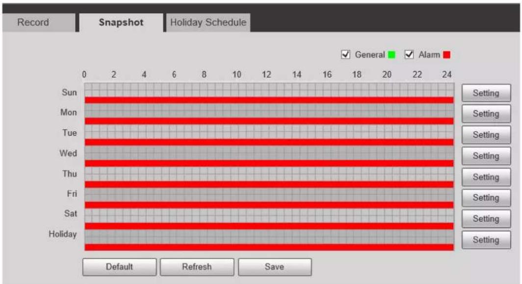 Record Snapshot Holiday Schedule ✓ General ✓ Alarm Sun Mon Tue Wed Thu Fri Sat Holiday 0 2 4 6 8 10 12 14 16 18 20 22 24 Setting Setting Setting Setting Setting Setting Setting Setting Default Refresh Save