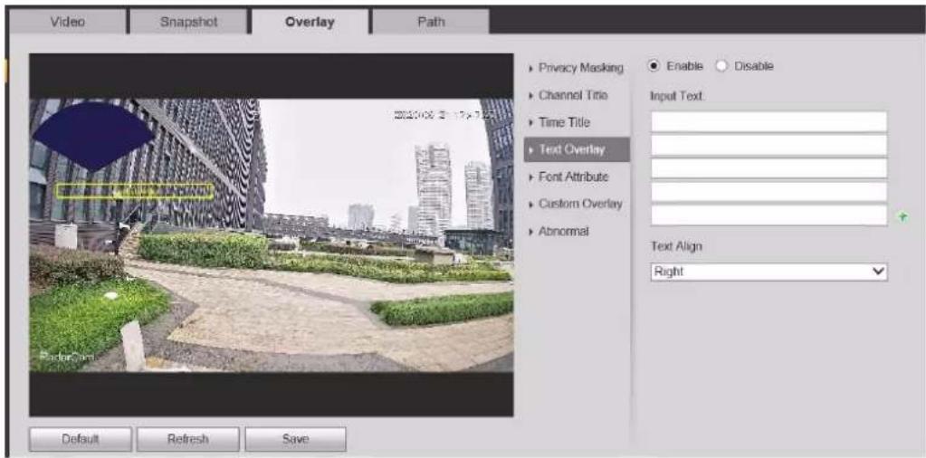 Video Snapshot Overlay Path Privacy Masking Channel Title Time Title Text Overlay Font Attribute Custom Overlay Abnormal Enable Disable Input Text: Text Align Right Default Refresh Save