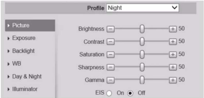 Profile Night Picture Exposure Backlight WB Day & Night Illuminator Brightness — — + 50 Contrast — — + 50 Saturation — — + 50 Sharpness — — + 50 Gamma — — + 50 EIS ○ On ● Off