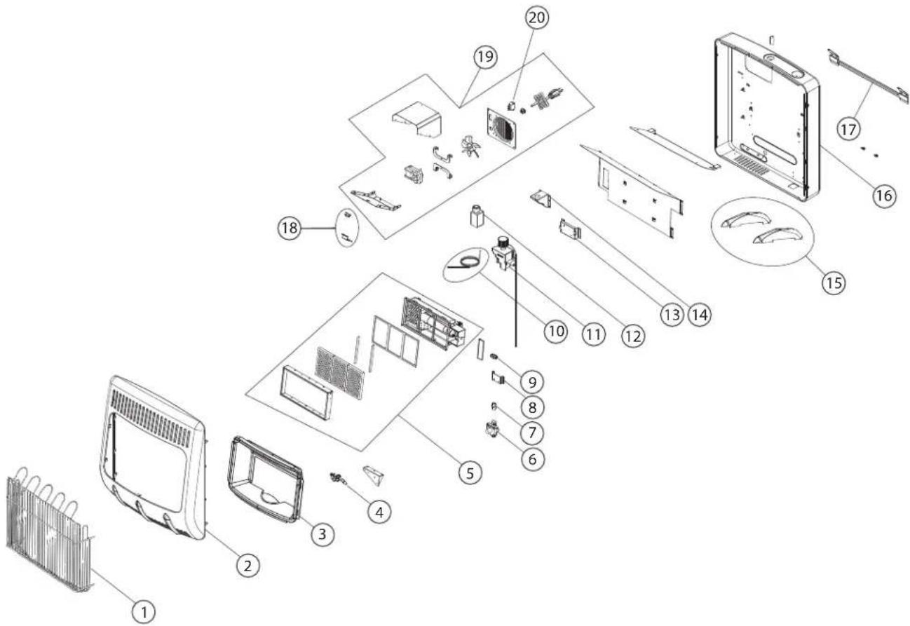 Exploded view diagram of a refrigerator assembly with numbered parts for identification