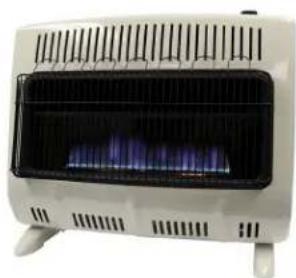 Front view of a white portable gas stove with blue liquid and black ventilation grilles (no visible text or symbols)