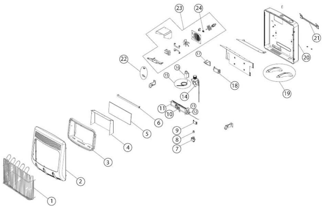 Exploded view diagram of a refrigerator assembly with numbered parts for identification