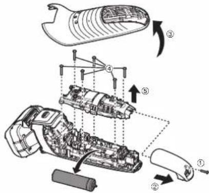 Technical diagram of a device's internal components with numbered parts and directional arrows indicating assembly or operation.