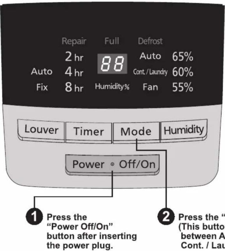 Repair Full Defrost 2 hr 88 Auto 65% Auto 4 hr Cont / Laundry 60% Fix 8 hr Humidity% Fan 55% Louver Timer Mode Humidity Power • Off/On ① Press the "Power Off/On" button after inserting the power plug. ② Press the " (This button between A Cont. / Lau