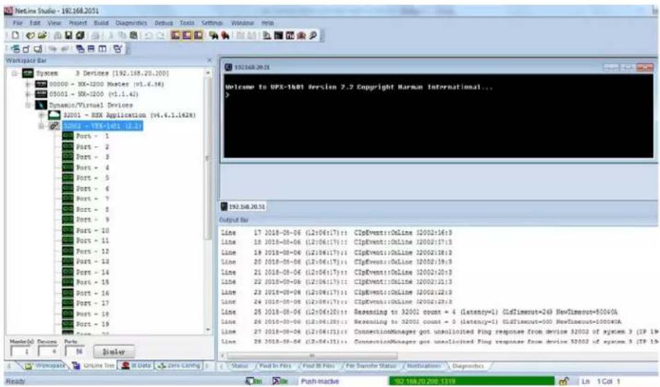 NetLine Studio - 192.168.2011 File Edit View Build Build Diagnostics Debug Tools Settings Window Help Workspace Bar Systems 3 Devices [192.168.20.200] 00000 - WX-1200 Master (v1.4.36) 05001 - WX-1200 (v1.1.42) Dynamic/Virtual Devices 32001 - RXX Application (v4.6.1.1628) SOP - VFX-1401 [1.3] Ports - 1 Ports - 2 Ports - 3 Ports - 4 Ports - 5 Ports - 6 Ports - 7 Ports - 8 Ports - 9 Ports - 10 Ports - 11 Ports - 12 Ports - 13 Ports - 14 Ports - 15 Ports - 16 Ports - 17 Ports - 18 Ports - 19 Ports - 20 Porto 1 4 M Dimler Master(s) Devens Ports Line 17 2018-08-06 (12v06:17): ClpEvent::Online 12002:16:3 Line 18 2018-08-06 (12v06:17): ClpEvent::Online 12002:17:3 Line 19 2018-08-06 (12v06:17): ClpEvent::Online 12002:18:3 Line 20 2018-08-06 (12v06:17): ClpEvent::Online 12002:19:3 Line 21 2018-08-06 (12v06:17): ClpEvent::Online 12002:20:3 Line 22 2018-08-06 (12v06:17): ClpEvent::Online 12002:21:3 Line 23 2018-08-06 (12v06:17): ClpEvent::Online 12002:22:3 Line 24 2018-08-06 (12v06:17): ClpEvent::Online 12002:23:3 Line 25 2018-08-06 (12v06:17): Resending to 32001 count = 4 (latency=4) CldTimeout=4@ DevTimeout=5004A Line 26 2018-08-06 (12v06:17): Resending to 32001 count = 5 (latency=4) CldTimeout=500 DevTimeout=5004A Line 27 2018-08-06 (12v06:17): ConnectionManager got unsolicited Ping responses from device 32002 of system 3 (IP 19) Line 28 2018-08-06 (12v06:17): ConnectionManager got unsolicited Ping responses from device 32002 of system 3 (IP 19) Output Bar Name / Load In Pits / Load B Pits / For Summary Status / Notifications / Diagnostics Ready Win Use Push Inactive 92.168.20.200.1379 Ln 1Cat 1