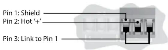 Pin 1: Shield Pin 2: Hot '+' Pin 3: Link to Pin 1