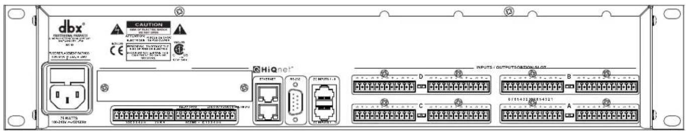 dbx® CAUTION ATTENTION CAUTION HIQnet® D INPUTS / OUTPUTS ORION SLOT 8/15/4/12 09:00:43:21 A 75 MΩTTE 100-2424 0.025-6240 HiQnet® C D B C A