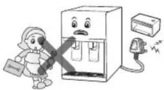 Illustration of a child with a briefcase and a washing machine connected to an electric plug (no text or symbols)