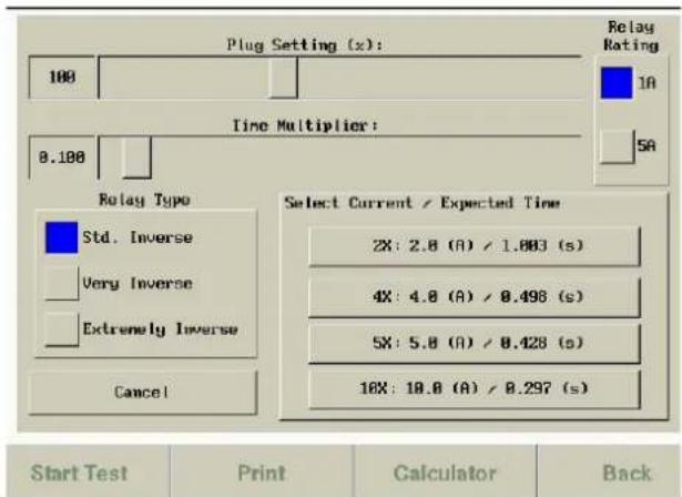 Plug Setting (x): 100 Relay Rating 1A Time Multiplier: 0.100 5A Relay Type Std. Inverse Very Inverse Extremely Inverse Cancel Select Current / Expected Time 2X: 2.8 (A) / 1.003 (s) 4X: 4.8 (A) / 0.496 (s) 5X: 5.8 (A) / 0.428 (s) 16X: 18.8 (A) / 0.297 (s) Start Test Print Galculator Back