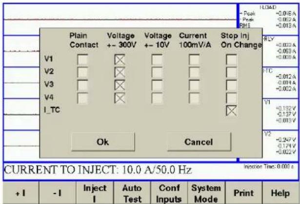 LOAD - Peak - Peak RHS -0.016 A -0.062 A -0.013 A Plain Voltage Voltage Current Stop Inj Contact +- 300V +- 10V 100mV/A On Change V1 V2 V3 V4 I_TC OK Cancel RLY +0.003 A -0.053 A +0.008 A ITC +0.012 A -0.014 A +0.002 A V1 +0.192 V -0.137 V +0.019 V V2 +0.247 V -0.174 V +0.022 V CURRENT TO INJECT: 10.0 A/50.0 Hz Inscnion Time: 0.000 s + I - I Inject Auto Conf System Print Help