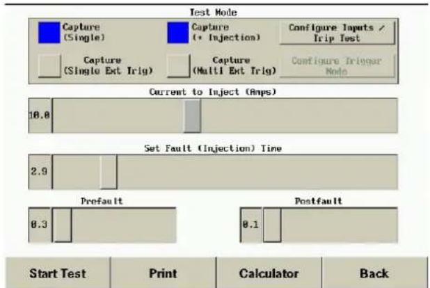 Test Mode Capture (Single) Capture (+ Injection) Configure Inputs / Trip Test Capture (Single Ext Trig) Capture (Multi Ext Trig) Configure Trigger Node Current to Inject (Amps) 10.8 Set Fault (Injection) Time 2.9 Prefault Postfault 0.3 0.1 Start Test Print Calculator Back