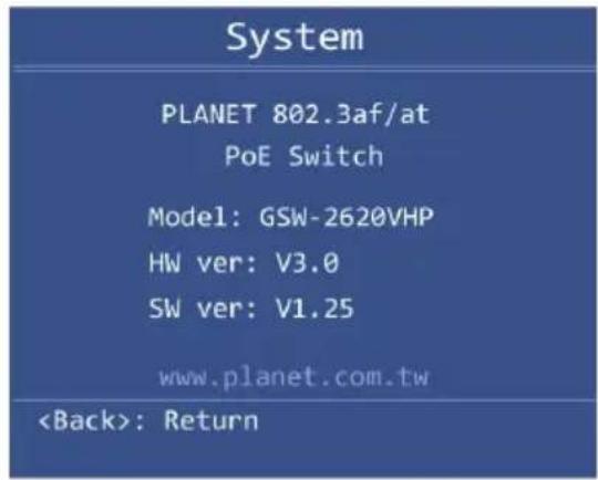 System PLANET 802.3af/at PoE Switch Model: GSW-2620VHP HW ver: V3.0 SW ver: V1.25 www.planet.com.tw : Return