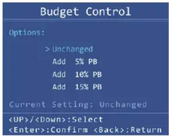 Budget Control Options: > Unchanged Add 5% PB Add 10% PB Add 15% PB Current Setting: Unchanged /:Select :Confirm :Return