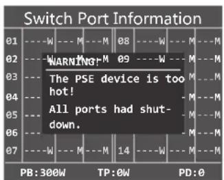 Switch Port Information 01 --- W --- M --- M 08 --- W --- M --- M 02 --- WARNING! M 09 --- W --- M --- M 03 --- The PSE device is too hot! 04 --- All ports had shut-down. 05 --- 06 --- 07 --- W --- M --- M 14 --- W --- M --- M PB:300W TP:0W PD:0
